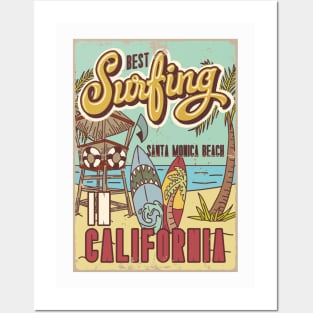 California Surfing Shark Surfboard sand illustration Posters and Art